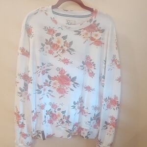 Floral Crewneck Sweatshirt in White with Pink Rose Print